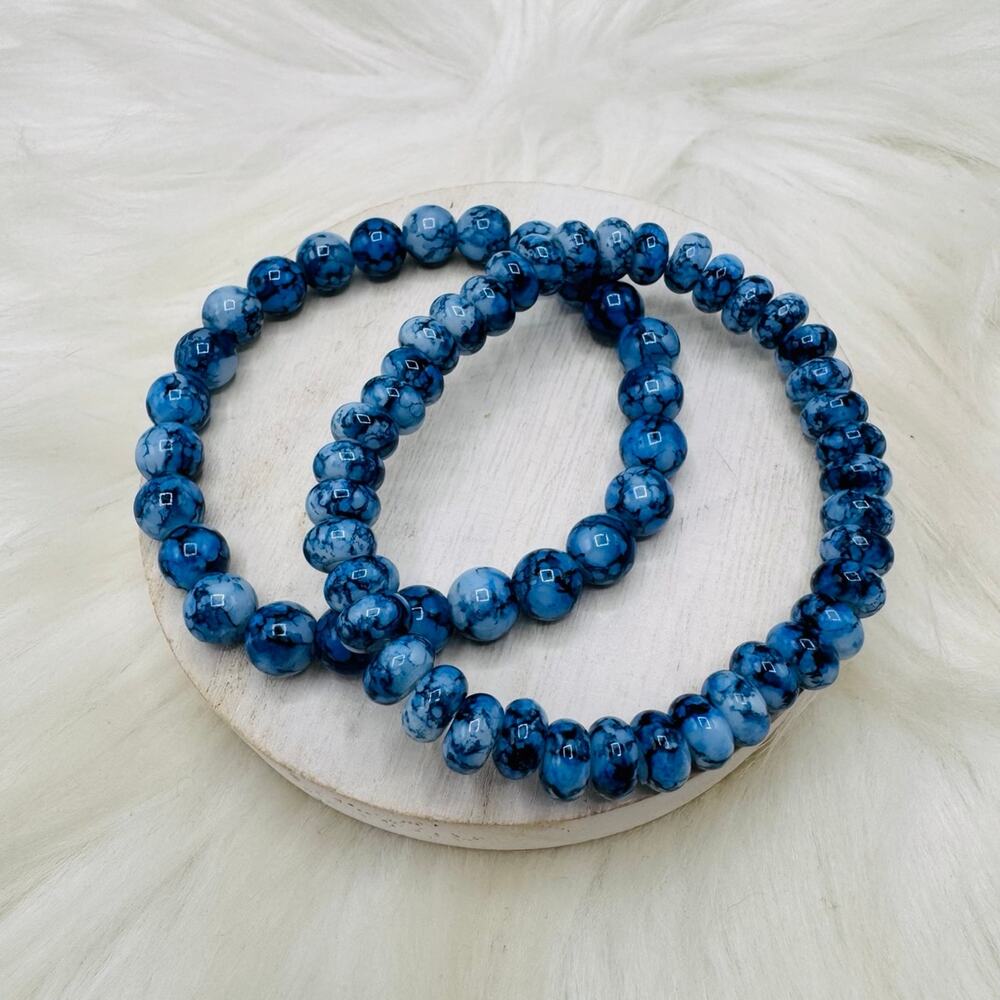 Blue Marbled Agate Beaded Stretch Bracelet Gemstone Set of 2 Bracelets
